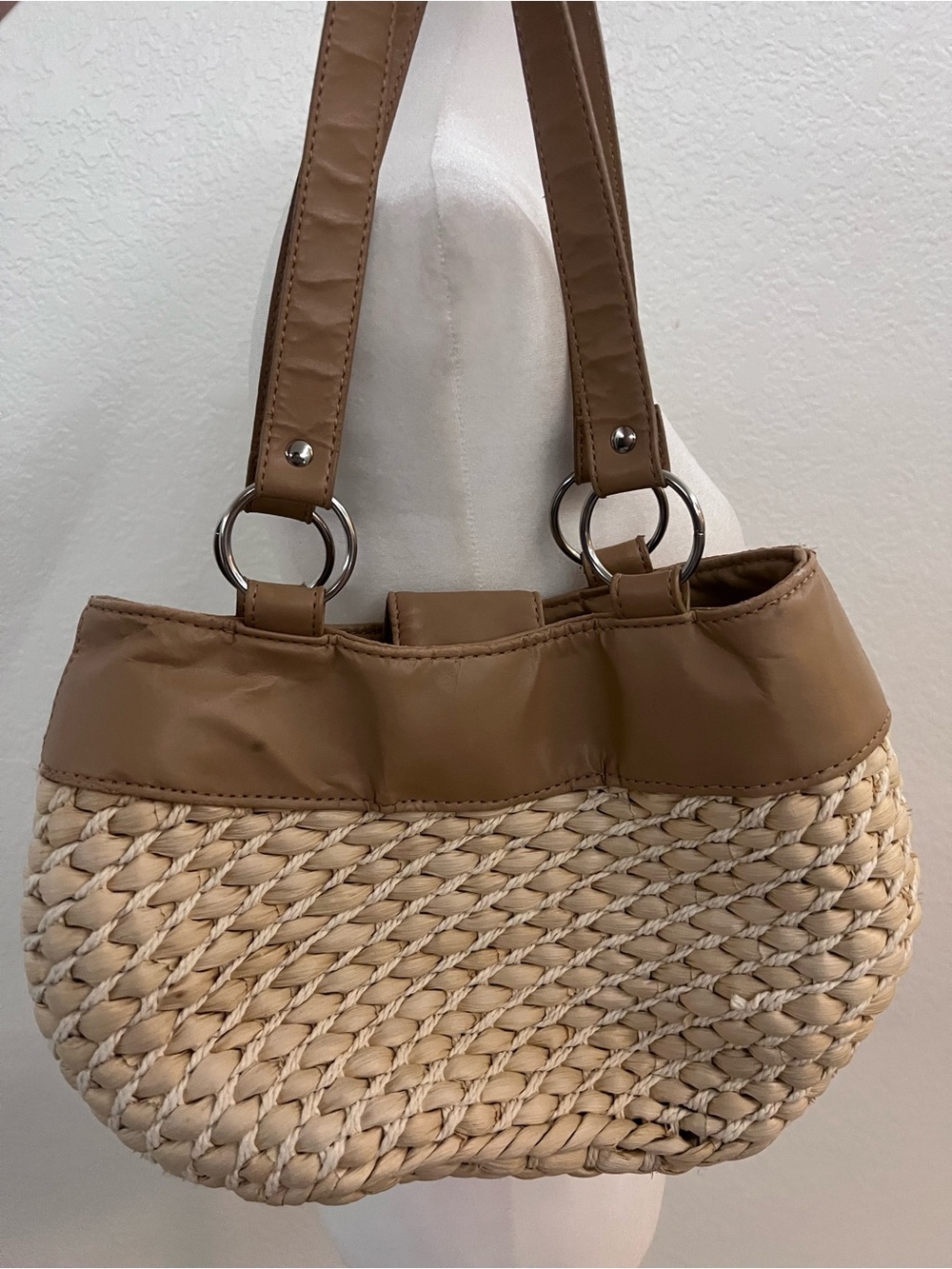 Woven Straw Shoulder Bag Floral Beaded Boho Purse Tan Faux Leather Trim - Picture 6 of 9